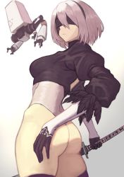 Rule 34 | 1girl, 2b (nier:automata), android, ass, blindfold, cowboy shot, from behind, gloves, grey background, hairband, janoukyo19, leotard, looking at viewer, looking back, nier:automata, nier (series), pod (nier:automata), robot, short hair, solo, sword, thighhighs, weapon, white hair