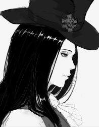 Rule 34 | 1other, ascot, black hair, black hat, guilty gear, guilty gear strive, hat, hat ornament, highres, long hair, looking to the side, monochrome, other focus, portrait, skull, skull hat ornament, solo, testament (guilty gear), top hat, white ascot