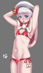 Rule 34 | armpits, arms up, bell, bikini, blue eyes, blush, bow, breasts, capelet, christmas, cowboy shot, fur trim, grey background, hat, hat bell, hat bow, highres, ibispaint (medium), kantai collection, looking at viewer, nanja, navel, open mouth, pom pom (clothes), red bikini, red bow, sailor hat, santa bikini, short hair, side-tie bikini bottom, silver hair, simple background, skindentation, small breasts, swimsuit, z1 leberecht maass (kancolle)