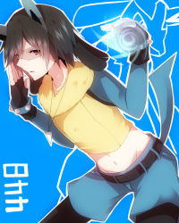 Rule 34 | 1boy, animal ears, black hair, creatures (company), energy ball, fingerless gloves, game freak, gen 4 pokemon, gloves, highres, jewelry, lucario, male focus, midriff, navel, necklace, nintendo, pantyhose, personification, pokedex number, pokemon, red eyes, solo, zinpati