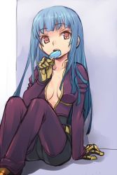 Rule 34 | 1girl, against wall, blue hair, breasts, cleavage, food, gloves, kula diamond, long hair, medium breasts, no bra, open clothes, popsicle, red eyes, sitting, snk, solo, the king of fighters, wanko (pixiv), wanko (takohati8)