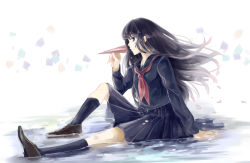 Rule 34 | 1girl, black hair, long hair, lunica, paper airplane, rukashima, school uniform, sitting, solo