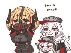 Rule 34 | 3girls, azur lane, black gloves, black headwear, black jacket, black shirt, black skirt, blonde hair, blush stickers, breasts, brown eyes, cape, collared jacket, commentary request, cowboy shot, cross, crossed bangs, english text, fur-trimmed cape, fur trim, gloves, graf zeppelin (azur lane), hair between eyes, hat, headgear, horoyuki (gumizoku), iron cross, jacket, large breasts, long hair, long sleeves, looking at viewer, mask, metal gloves, military hat, motion lines, mouth mask, multicolored hair, multiple girls, open clothes, open jacket, peaked cap, red eyes, red hair, roon (azur lane), shirt, short hair, sidelocks, silver hair, simple background, skirt, sparkle, standing, streaked hair, surgical mask, sweatdrop, upper body, very long hair, white background, zeppy (azur lane)