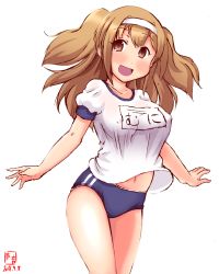 Rule 34 | 1girl, alternate costume, artist logo, blue buruma, breasts, brown eyes, buruma, collarbone, covered erect nipples, dated, gym uniform, hairband, headband, highres, i-26 (kancolle), jacket, kanon (kurogane knights), kantai collection, large breasts, light brown hair, long hair, looking at viewer, name tag, no bra, open mouth, shirt, short sleeves, simple background, smile, solo, track jacket, two side up, white background, white shirt