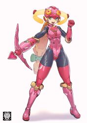 Rule 34 | 1girl, absurdres, adapted costume, arm cannon, arrow (projectile), artist logo, black bodysuit, blonde hair, bodysuit, bow (weapon), clothes writing, green eyes, helmet, highres, leotard, long hair, mar10, mega man (series), mega man battle network (series), netnavi, outstretched arm, pink headwear, pink leotard, red thighhighs, robot girl, roll.exe (mega man), simple background, smile, solo, thighhighs, weapon, white background