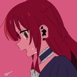 Rule 34 | 1girl, @ @, bad id, bad twitter id, blue choker, bocchi the rock!, choker, frilled choker, frills, from side, hair between eyes, highres, kerorira, kita ikuyo, long hair, looking at viewer, one side up, open mouth, pink background, profile, red hair, simple background, smile, solo, sweatdrop, translation request, upper body, yellow eyes