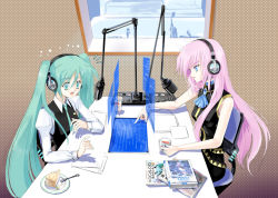 Rule 34 | 2girls, book, cake, cup, food, fork, hatsune miku, headphones, holographic interface, holographic monitor, jajanuba, long hair, megurine luka, microphone, monitor, multiple girls, necktie, paper, pastry, pixiv, pointing, radio booth, studio microphone, teacup, twintails, vocaloid