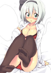 Rule 34 | 1girl, bad id, bad pixiv id, blush, bra, breasts, brown thighhighs, cleavage, collarbone, commentary request, dress shirt, feet, flying sweatdrops, foot focus, green eyes, hair ribbon, highres, konpaku youmu, konpaku youmu (ghost), large breasts, lingerie, long sleeves, looking at viewer, nearly naked shirt, no pants, no shoes, oniku (shimofuri-ke), open clothes, open mouth, open shirt, outstretched foot, outstretched leg, panties, red bra, red panties, ribbon, shirt, short hair, silver hair, sitting, soles, solo, thighhighs, toes, touhou, underwear