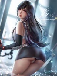 Rule 34 | 1girl, ass, bare shoulders, belt, black hair, black skirt, breasts, day, earrings, elbow gloves, final fantasy, final fantasy vii, from behind, gloves, hair between eyes, indoors, jewelry, kneeling, large breasts, leather skirt, lips, long hair, looking at viewer, looking back, miniskirt, mumeaw, parted lips, red eyes, red gloves, sidelocks, signature, sitting, skirt, solo, sword, thighhighs, thighs, tifa lockhart, underwear, upper body, weapon