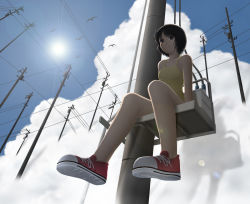 Rule 34 | 1girl, backlighting, bad id, bad pixiv id, bird, cloud, converse, day, artistic error, foreshortening, from below, lens flare, looking at viewer, no socks, power lines, shadow, shoes, short hair, siraha, sitting, smile, sneakers, solo, sun, utility pole