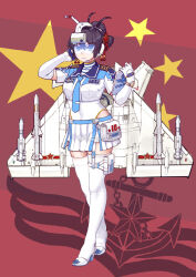 Rule 34 | 1girl, airplane wing, antenna hair, black hair, blue eyes, blue necktie, boots, breasts, elbow gloves, full body, gloves, goggles, hair bun, high heels, highres, looking at viewer, mecha musume, military, necktie, people&#039;s republic of china flag, pleated skirt, short sleeves, skirt, solo, standing, thigh boots, thighhighs, under the azure sky, weibo logo, white footwear, white gloves, white skirt, white thighhighs, z.s.w.