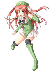 Rule 34 | 1girl, alternate costume, alternate hairstyle, bad id, bad pixiv id, blush, bow, braid, female focus, green eyes, hair bow, hat, hong meiling, magical girl, mochi.f, one eye closed, red eyes, red hair, solo, thighhighs, tonfa, touhou, twin braids, weapon
