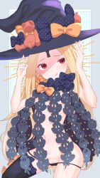 Rule 34 | 1girl, :q, abigail williams (fate), abigail williams (second ascension) (fate), black bow, black hat, black panties, black thighhighs, blonde hair, bow, closed mouth, commentary request, fate/grand order, fate (series), groin, hands up, hat, hat bow, highres, keyhole, long hair, looking at viewer, makabe gorou, navel, orange bow, panties, parted bangs, polka dot, polka dot bow, red eyes, revealing clothes, single thighhigh, smile, solo, stuffed animal, stuffed toy, teddy bear, thighhighs, tongue, tongue out, topless, underwear, very long hair, witch hat