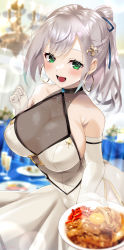 Rule 34 | 1girl, blush, braid, breasts, choker, cleavage, covered navel, diffraction spikes, dress, earrings, elbow gloves, food, glint, gloves, green eyes, grey hair, halter dress, halterneck, hand up, highres, holding, holding food, hololive, jewelry, large breasts, leaning forward, long hair, looking at viewer, mizuno kurage, open mouth, ponytail, shirogane noel, shirogane noel (5th costume), side slit, sleeveless, sleeveless dress, smile, snowflakes, solo, speech bubble, swept bangs, thigh strap, translation request, virtual youtuber, white dress