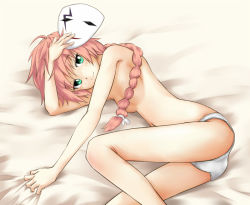Rule 34 | 1girl, bad id, bad pixiv id, bed sheet, blush, braid, censored, convenient censoring, darker than black, green eyes, lying, mask, navel, on side, panties, red hair, sheet grab, single braid, smile, solo, suou pavlichenko, takabow, underwear