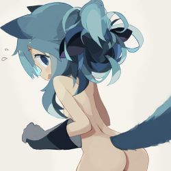Rule 34 | 1girl, animal ears, ass, back, blue hair, breasts, female focus, from behind, gloves, nude, open mouth, original, pappii (paprika shikiso), paprika shikiso, simple background, small breasts, solo, tail