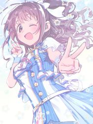 Rule 34 | 1girl, alternate costume, bare arms, belt, belt buckle, blue background, blue dress, blue ribbon, blush, bow, brown eyes, brown hair, buckle, buttons, commentary, cowboy shot, double v, dress, dutch angle, frills, hair bow, hair ornament, hair ribbon, highres, idolmaster, idolmaster cinderella girls, looking at viewer, nanonin, neck ribbon, one eye closed, pale color, ponytail, red ribbon, ribbon, shimamura uzuki, short sleeves, side ponytail, sidelocks, simple background, smile, solo, star (symbol), v, white belt, white bow, white ribbon, white sleeves, wrist cuffs