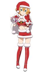 Rule 34 | 1girl, aqua eyes, bell, boots, carrying over shoulder, full body, fur trim, gloves, hair between eyes, hat, index finger raised, looking at viewer, midriff, navel, official art, orange hair, over-kneehighs, petticoat, philia (sao), red gloves, sack, santa costume, santa hat, short hair, simple background, smile, solo, sword art online, thighhighs, white background