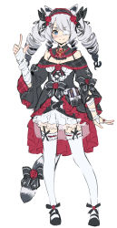 Rule 34 | 1girl, animal ears, arm at side, bandaged arm, bandages, belt, black dress, black footwear, black hair, blue eyes, blush, bow, closed mouth, concept art, contrapposto, cross hair ornament, dress, drill hair, eyepatch, flower, frilled dress, frills, full body, gradient hair, grey hair, hair bow, hair flower, hair ornament, hairband, hand up, hololive, index finger raised, jewelry, looking at viewer, medical eyepatch, multicolored hair, official art, one eye covered, parsley-f, red flower, red rose, ring, rose, shoes, simple background, smile, solo, tail, thighhighs, twin drills, twintails, unnamed hololive vtuber 2, virtual youtuber, white background, white thighhighs