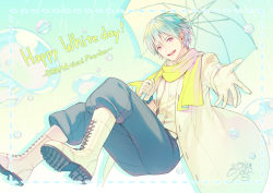 Rule 34 | 1boy, blue background, boots, bubble, clear (dramatical murder), copyright name, cross-laced footwear, dotted line, dramatical murder, gloves, jellyfish, lace-up boots, male focus, nekokan masshigura, nitro+ chiral, open mouth, outstretched hand, pink eyes, scarf, short hair, signature, simple background, smile, solo, umbrella, white day, white footwear, white gloves, white hair, yellow scarf
