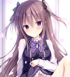 Rule 34 | 1girl, black bow, black dress, blush, bow, breasts, brown hair, collared shirt, commentary request, diagonal stripes, dress, dress shirt, feet out of frame, frilled dress, frills, hair between eyes, hair bow, hair ornament, izuminanase, key hair ornament, knee up, lifting own clothes, long hair, long sleeves, looking at viewer, medium breasts, original, out-of-frame censoring, parted lips, purple bow, purple eyes, school uniform, shirt, sleeveless, sleeveless dress, sleeves past wrists, solo, striped, striped bow, two side up, very long hair, white shirt