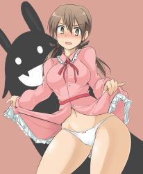 Rule 34 | 1girl, animal ears, bad id, bad pixiv id, blush, bow, brown eyes, brown hair, charlotte e. yeager, clothes lift, curvy, dress, dress lift, embarrassed, fang, gertrud barkhorn, hair bow, momio, panties, pantyshot, rabbit ears, rabbit girl, silhouette demon, skirt, strike witches, thick thighs, thighs, twintails, underwear, upskirt, white panties, wide hips, world witches series, you gonna get raped