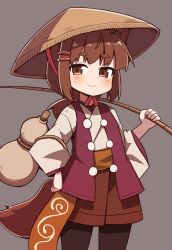 Rule 34 | 1girl, animal ears, blush, brown eyes, brown hair, closed mouth, gourd, grey background, hair ornament, hairclip, hand on own hip, hat, highres, holding, japanese clothes, long sleeves, looking at viewer, original, pantyhose, simple background, smile, solo, straw hat, tail, thick eyebrows, tsukimi shokudouki, yukinagi