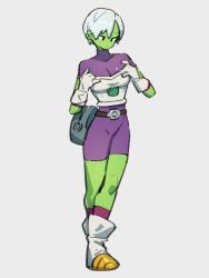 Rule 34 | 1girl, armor, belt, bodysuit, boots, breasts, cheelai, closed mouth, colored skin, commentary, dragon ball, dragon ball super, full body, gloves, green skin, grey background, kemachiku, medium breasts, purple bodysuit, scouter, short hair, simple background, solo, standing, white hair