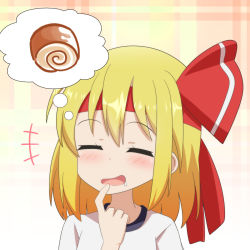 Rule 34 | +++, 1girl, alternate costume, blonde hair, blush, cato (monocatienus), drooling, closed eyes, finger to mouth, food, food on face, headband, highres, imagining, open mouth, plaid, plaid background, rice, rumia, saliva, shirt, simple background, solo, thought bubble, touhou, upper body, white shirt
