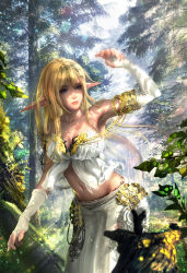 Rule 34 | 1girl, arm up, armlet, asymmetrical gloves, bandeau, bare shoulders, bare tree, blonde hair, blue eyes, blue sky, branch, breasts, chain, cleavage, collarbone, day, elbow gloves, elf, eyelashes, eyeliner, fingerless gloves, fingernails, forest, gloves, gold chain, grass, highres, leaf, lens flare, light particles, light rays, long hair, long pointy ears, long skirt, looking afar, makeup, medium breasts, midriff, moss, nature, navel, original, outdoors, peachpa, pine tree, plant, pointy ears, shading eyes, sidelocks, skirt, sky, solo, stomach, strapless, sunlight, tree, trunk, uneven gloves, white gloves, white skirt