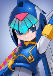 Rule 34 | 1girl, android, arm up, armpits, blue eyes, bodysuit, breasts, capcom, detached sleeves, gradient background, helmet, highres, fairy leviathan (mega man), looking at viewer, mega man (series), mega man zero (series), simple background, smile, solo, tesshii (riza4828), upper body