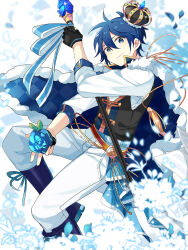 Rule 34 | 1boy, aiguillette, black gloves, black vest, blue cape, blue eyes, blue flower, blue footwear, blue gemstone, blue hair, blue ribbon, blue rose, blue theme, blurry, blurry foreground, boots, branch, cape, closed mouth, cross-laced footwear, crown, dress shirt, fenghu (huli), fingerless gloves, flower, fur-trimmed cape, fur trim, gem, glint, glitter, gloves, gold trim, half gloves, head tilt, high collar, highres, holding, holding flower, holding staff, kaito (vocaloid), knee boots, lace-up boots, leaf, long sleeves, looking at viewer, male focus, pants, paper, petals, plaid, plaid cape, ribbon, rose, rose petals, sheet music, shirt, simple background, smile, staff, striped ribbon, tassel, toggles, tsurime, vest, vocaloid, waist cape, white background, white pants, white shirt