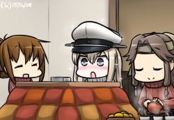 Rule 34 | &gt;:o, 10s, 3girls, :d, :o, alternate costume, blonde hair, blush, brown hair, commentary request, dated, closed eyes, folded ponytail, graf zeppelin (kancolle), hamu koutarou, hat, headband, inazuma (kancolle), jintsuu (kancolle), kantai collection, kotatsu, long hair, multiple girls, nose blush, open mouth, peaked cap, pouring, remodel (kantai collection), smile, sparkle, surprised, table, teapot, v-shaped eyebrows