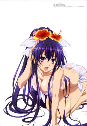 Rule 34 | 10s, 1girl, :d, absurdres, all fours, ass, bikini, breasts, butt crack, cleavage, date a live, flower, front-tie top, hair flower, hair ornament, tucking hair, hibiscus, highres, ishino satoshi, large breasts, long hair, official art, open mouth, purple eyes, purple hair, scan, shiny skin, side-tie bikini bottom, sidelocks, simple background, smile, solo, swimsuit, very long hair, wet, wet hair, white background, white bikini, yatogami tooka