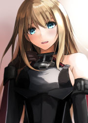 Rule 34 | 10s, 1girl, akabane rin, bare shoulders, bismarck (kancolle), blonde hair, blue eyes, breasts, brown gloves, detached sleeves, gloves, kantai collection, long hair, long sleeves, looking at viewer, medium breasts, military, military uniform, no headwear, no headwear, open mouth, sideboob, smile, solo, uniform