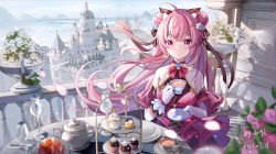 Rule 34 | 1girl, ahoge, animal ear fluff, animal ears, architecture, artist name, balcony, bare shoulders, blush, bow, building, cake, cake stand, cat ears, choker, closed mouth, collarbone, cup, cupcake, dated, day, double bun, dress, drinking glass, earrings, eyelashes, fence, floating hair, flower, flower earrings, food, fork, fruit, gloves, hair bun, hair flower, hair ornament, hair ribbon, hairclip, highres, holding, holding cup, holding plate, jewelry, knife, light particles, long hair, looking at viewer, miaogujun, multicolored hair, ocean, original, pink bow, pink dress, pink eyes, pink flower, pink hair, plant, plate, potted plant, ribbon, sidelocks, single glove, sitting, sky, sleeveless, sleeveless dress, smile, solo, spoon, strawberry, streaked hair, table, tea, teacup, teapot, very long hair, water, white flower, white gloves, white hair, wind
