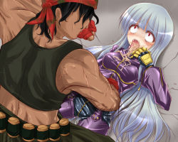 Rule 34 | 1boy, 1girl, bandolier, beating, belly punch, blue hair, bodysuit, breasts, dark skin, artistic error, joints, kula diamond, long hair, muscular, punching, ralf jones, red eyes, robot joints, rolling eyes, ryona, shimo (depthbomb), snk, stomach punch, tank top, tears, the king of fighters, tongue, tongue out, vomit