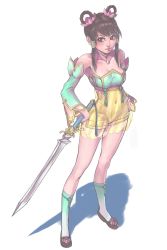 Rule 34 | 1girl, absurdres, black hair, breasts, brown eyes, detached sleeves, dress, flower, hair flower, hair ornament, hair rings, hair tubes, highres, jewelry, lips, murasaki-sin, necklace, see-through, shirt, shoes, socks, solo, soul calibur, soulcalibur, soulcalibur v, strapless, strapless dress, sword, taut clothes, taut shirt, weapon, yan leixia