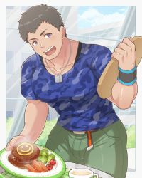 Rule 34 | 1boy, aopanda, bara, blue shirt, blush, cup, food, green pants, highres, holding, holding plate, idolmaster, idolmaster side-m, jewelry, large pectorals, male focus, muscular, muscular male, necklace, open mouth, pants, pectorals, plate, purple eyes, shingen seiji, shirt, smile, solo, wristband