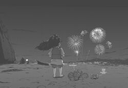 Rule 34 | 1girl, animal, backpack, bag, beach, child, commentary, cowboy hat, crab, crustacean, english commentary, english text, fireworks, floating hair, from behind, full body, greyscale, hat, lobster, long hair, monochrome, mountainous horizon, new year, night, night sky, original, outdoors, shirt, shore, short sleeves, shorts, sky, solo, standing, tyrone