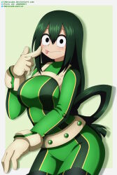 Rule 34 | 1girl, absurdres, artist name, asui tsuyu, belt, black footwear, bodysuit, boku no hero academia, boots, border, breasts, brown eyes, clenched hand, closed mouth, expressionless, eyelashes, female focus, finger to cheek, frog girl, gloves, green background, green bodysuit, green hair, groin, hair between eyes, hand up, high collar, highres, iharuluna, impossible hair, index finger raised, long hair, long sleeves, looking at viewer, medium breasts, neck, sidelocks, skin tight, standing, thigh boots, thighs together, tongue, tongue out, very long hair, white border, wide-eyed