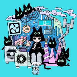 Rule 34 | 1girl, :o, air conditioner, animal ears, aqua background, arrow (symbol), black cat, black hair, black hoodie, blue background, blue footwear, blunt bangs, blunt ends, blush stickers, bright pupils, cable, cat, cat ears, cat girl, cat tail, chimney, commentary request, cup, damaged, diagonal stripes, dot nose, drinking glass, duct tape, english text, exit sign, eyeball, fish bone, flower pot, garouma, green eyes, grey pants, hands up, highres, hood, hood down, hoodie, industrial pipe, light bulb, open mouth, original, pants, pants rolled up, plant, potted plant, shoes, short hair, signature, sitting, smoke, sneakers, solo, striped, tail, traffic cone, translation request, two-tone background, white pupils, wine glass