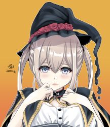 Rule 34 | 1girl, artist name, black hat, blonde hair, blue eyes, blush, buttons, cape, dated, gradient background, graf zeppelin (kancolle), hair between eyes, halloween, halloween costume, hat, highres, kantai collection, long hair, looking at viewer, orange background, portrait, sidelocks, signature, solo, tk8d32, twintails, witch hat