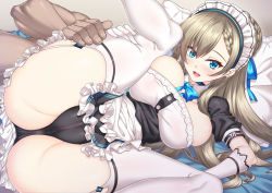 Rule 34 | 1boy, 1girl, apron, asuna (blue archive), black dress, black panties, blue archive, blue eyes, breasts, brown hair, cameltoe, dress, gloves, hetero, highres, huge breasts, long hair, looking at viewer, lying, maid headdress, mole, mole on breast, on side, panties, shirokuma a, short sleeves, smile, solo focus, spread legs, thighhighs, thighs, underwear, white apron, white gloves, white thighhighs