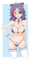 Rule 34 | 1girl, absurdres, aged up, alternate breast size, animal ears, bikini, black bikini, blush, breasts, brown eyes, cat ears, cleavage, collarbone, cropped legs, detached collar, ear blush, earrings, eyepatch, fake animal ears, frilled gloves, frilled thighhighs, frills, full-face blush, gloves, groin, hayasaka mirei, heart, heart-shaped pupils, highres, idolmaster, idolmaster cinderella girls, jewelry, large breasts, looking at viewer, maid, maid bikini, maid headdress, medium breasts, multicolored hair, navel, neck ribbon, one eye covered, purple hair, red hair, ribbon, solo, streaked hair, string bikini, stud earrings, swimsuit, symbol-shaped pupils, thighhighs, unconventional maid, wasabijoyu76, white thighhighs