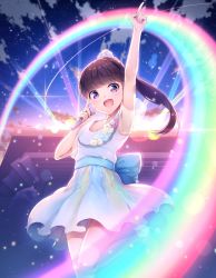 Rule 34 | 1girl, blush, brown eyes, brown hair, hair ornament, highres, long hair, looking at viewer, open mouth, ponytail, rainbow, real life, ribbon, voice actor, skirt, smile, solo, sora from france, touyama nao