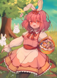 Rule 34 | absurdres, alternate costume, animal ears, basket, blue sky, catys, chibi, d:, day, dress, easter, easter egg, egg, eyes visible through hair, frilled skirt, frilled sleeves, frills, grass, hair ribbon, highres, kijin seija, long sleeves, looking at viewer, open mouth, pantyhose, pink dress, pink hair, pink vest, puffy long sleeves, puffy sleeves, rabbit ears, red eyes, ribbon, skirt, sky, sukuna shinmyoumaru, thighhighs, touhou, tree, vest