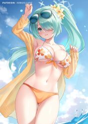 1girl aqua_hair artist_name bikini blue_archive blue_sky blush breasts cleavage cloud collarbone day eyewear_on_head floral_print flower hair_flower hair_ornament hair_over_one_eye halo hiyori_(blue_archive) hiyori_(swimsuit)_(blue_archive) large_breasts long_hair looking_at_viewer mismatched_bikini navel official_alternate_costume orange_bikini outdoors print_bikini sebu_illust side_ponytail sky solo sunglasses swimsuit wading water watermark white_bikini