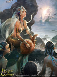 Rule 34 | 3girls, bare shoulders, bird, black hair, blue hair, breasts, cleavage, company name, copyright name, crowgod, dated, fins, grey eyes, head fins, headpiece, highres, legend of the cryptids, mermaid, monster girl, multicolored hair, multiple girls, nautilus (animal), ocean, pointy ears, scales, seagull, ship, smoke, sunlight, tail, watercraft, white hair