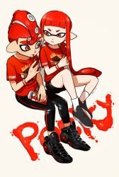 Rule 34 | 1boy, 1girl, :t, alternate hair color, beige background, bike shorts, black footwear, black leggings, black shorts, blunt bangs, bracelet, brown eyes, closed mouth, commentary, dark skin, dated, eating, english text, food, full body, high tops, holding, holding food, inkling, inkling girl, inkling player character, invisible chair, jewelry, leggings, long hair, looking at another, nintendo, octoling, octoling boy, octoling player character, pocky, pointy ears, print shirt, red hair, red shirt, shirt, shoes, short sleeves, shorts, side-by-side, single vertical stripe, sitting, sneakers, splatoon (series), splatoon 2, splatoon 2: octo expansion, squatting, suction cups, tentacle hair, white legwear, yeneny